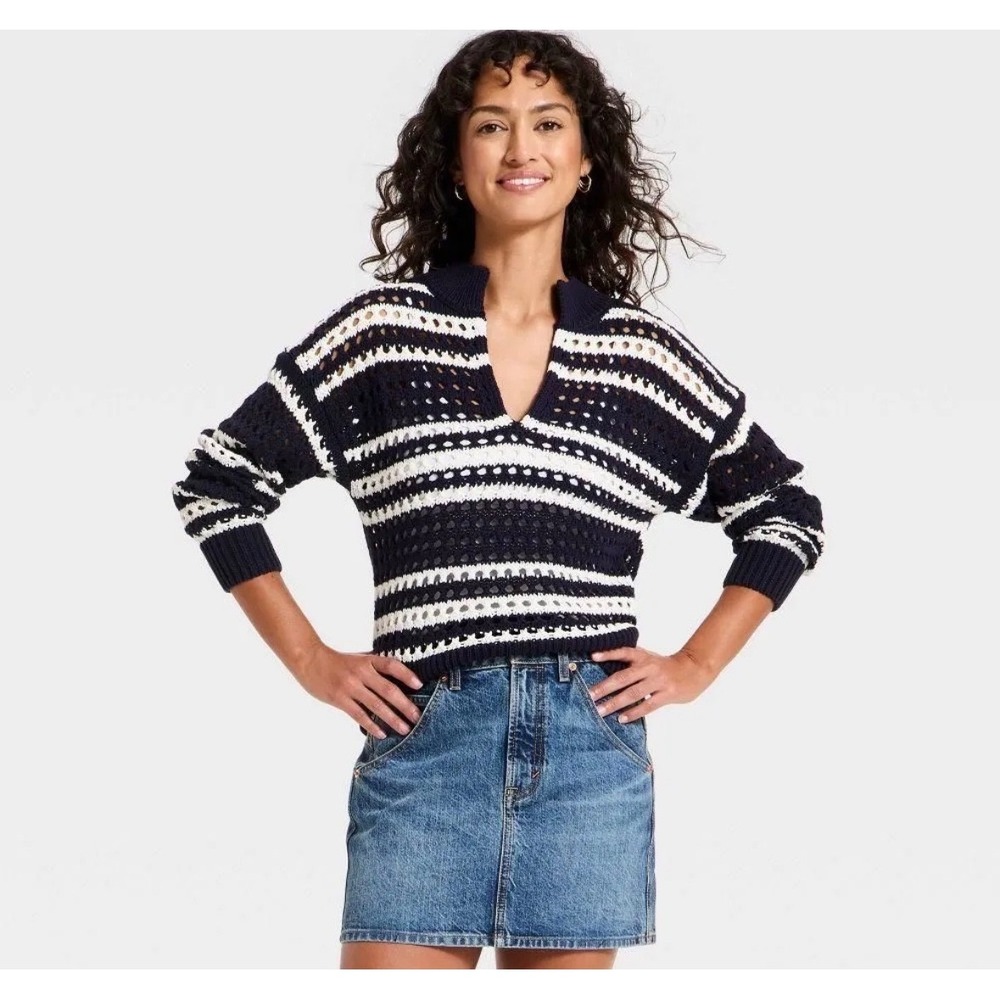 Universal Thread Navy Striped Open Stitch V-Neck Sweater XL NEW